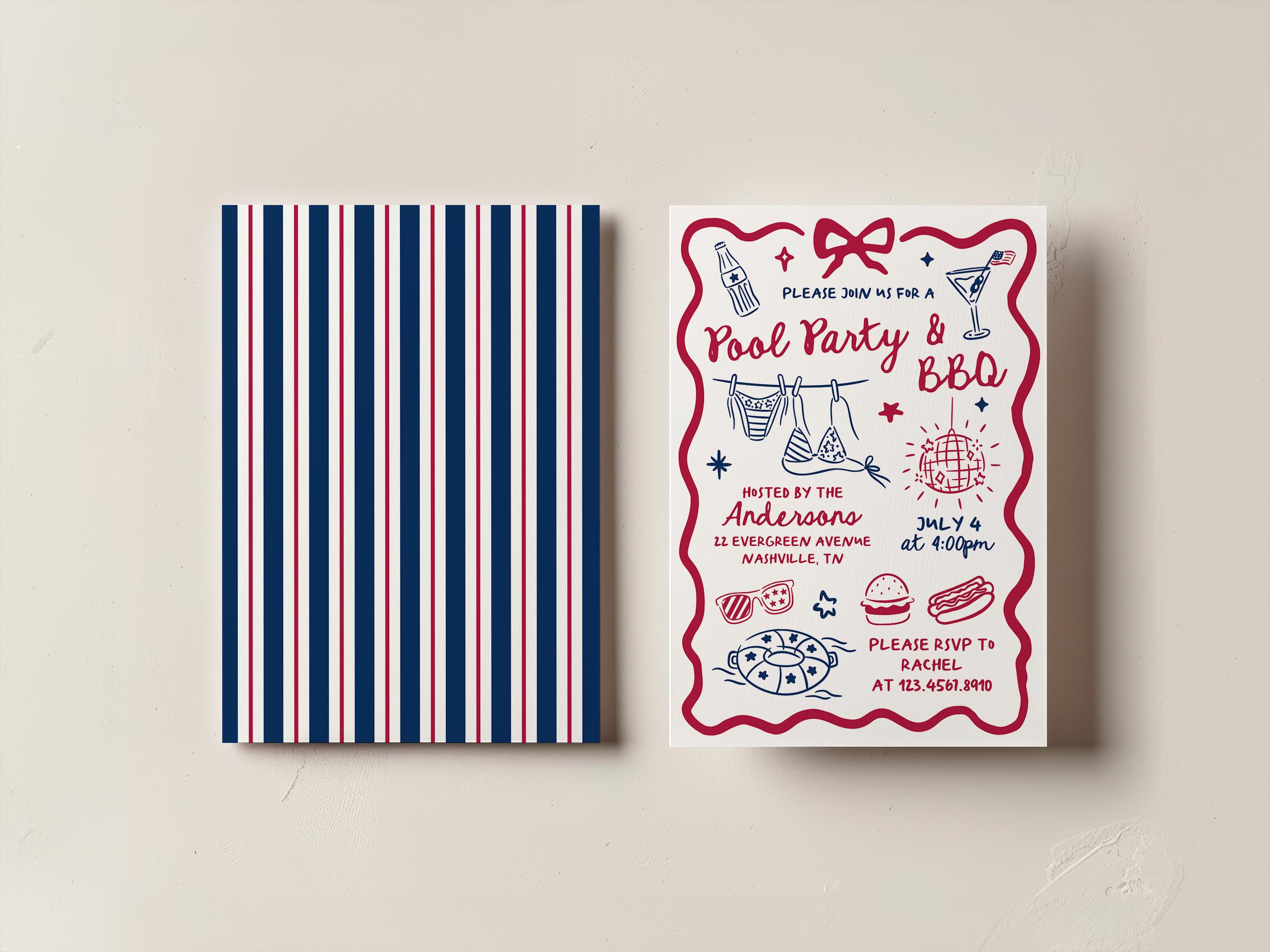 4th of July BBQ & Pool Party Invitation Template, Editable Memorial Day ...