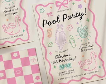 Editable Pool Party Birthday Invitation, Summer Any Age Template (Digital Download)