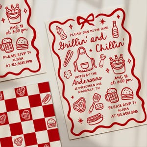 May include: White invitation cards with red illustrations and text. The cards feature a barbecue theme with images of burgers, beer, and grilling tools. Text includes "Grillin' and Chillin'" and RSVP details.