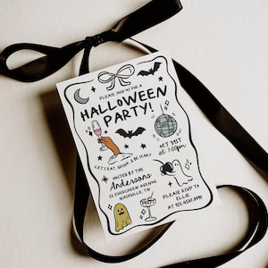 May include: A rectangular Halloween party invitation card with a wavy black border, featuring hand-drawn illustrations of a disco ball, ghosts, bats, a crescent moon, and a hand holding a champagne flute, with text including "HALLOWEEN PARTY!"
