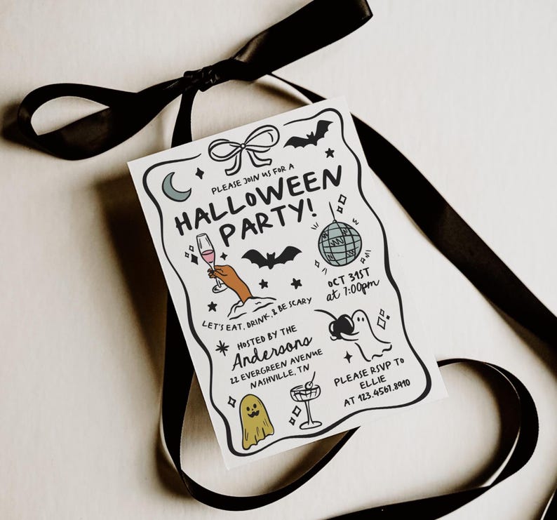 May include: A rectangular Halloween party invitation card with a wavy black border, featuring hand-drawn illustrations of a disco ball, ghosts, bats, a crescent moon, and a hand holding a champagne flute, with text including "HALLOWEEN PARTY!"
