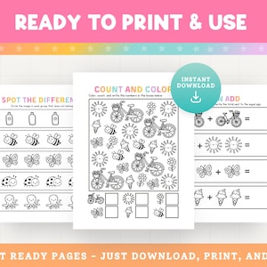 May include: Printable educational worksheets for kids. The worksheets include activities like spot the difference, counting, and addition. The pages are black and white with illustrations of bees, butterflies, ice cream, and bicycles. Text on the image says "READY TO PRINT & USE".