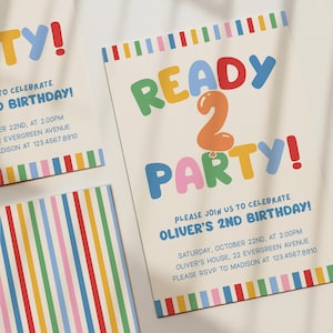 May include: Birthday party invitations with colorful text that reads "READY 2 PARTY!" and "TO CELEBRATE 2ND BIRTHDAY!" on a cream background. The invitations include party details and a striped design.