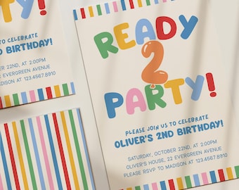 Editable Ready Two Party Birthday Invitation Template, Colorful 2nd Birthday Invite