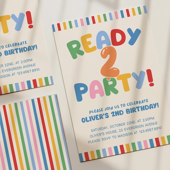 Editable Ready Two Party Birthday Invitation Template, Colorful 2nd Birthday Invite