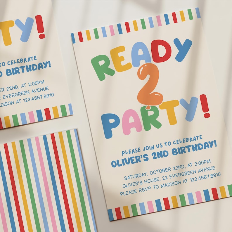 May include: Birthday party invitations with colorful text that reads "READY 2 PARTY!" and "TO CELEBRATE 2ND BIRTHDAY!" on a cream background. The invitations include party details and a striped design.