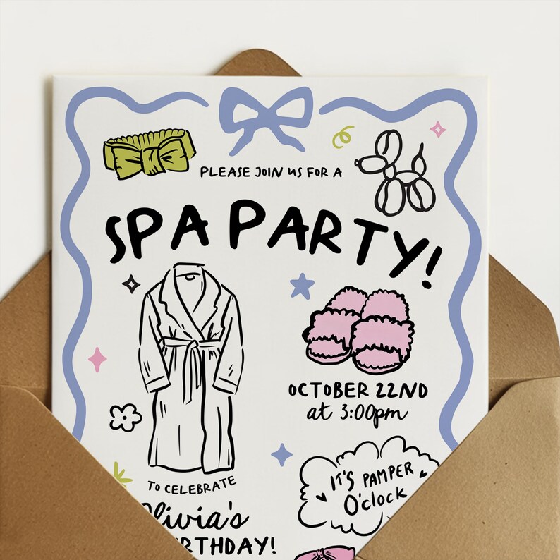 May include: Spa party invitation with a blue border and illustrations of spa-related items. The invitation includes the text "SPA PARTY!" and details for Olivia's birthday on October 22nd at 3:00 pm. The invitation is inside a brown envelope.