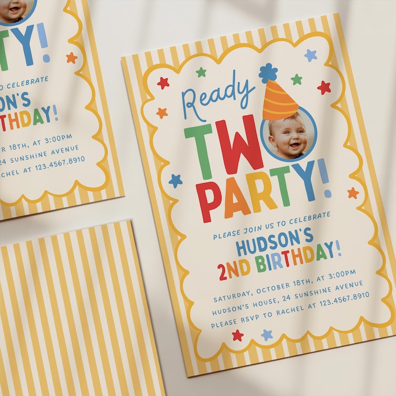 May include: A rectangular birthday invitation card featuring a yellow and white striped border with a scalloped edge. The text reads Ready TWO PARTY! and includes a photo of a child wearing a party hat, plus event details for Hudson's 2nd birthday.