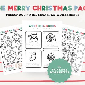 May include: A collection of Christmas-themed preschool and kindergarten worksheets. The worksheets include coloring pages, tracing activities, and pattern recognition exercises. The title reads "THE MERRY CHRISTMAS PACK" in green and red. The image includes a green seal that says "20 PRINTABLE WORKSHEETS".