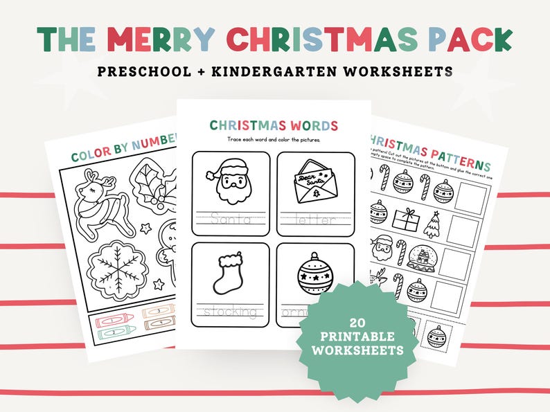 May include: A collection of Christmas-themed preschool and kindergarten worksheets. The worksheets include coloring pages, tracing activities, and pattern recognition exercises. The title reads "THE MERRY CHRISTMAS PACK" in green and red. The image includes a green seal that says "20 PRINTABLE WORKSHEETS".