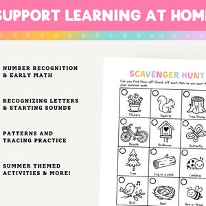 May include: A printable educational activity sheet with the title "Scavenger Hunt" and illustrations of flowers, a squirrel, a tree stump, a bicycle, a birdhouse, a butterfly, a tree, a log, a ladybug, a bird, a nest, and a bee.