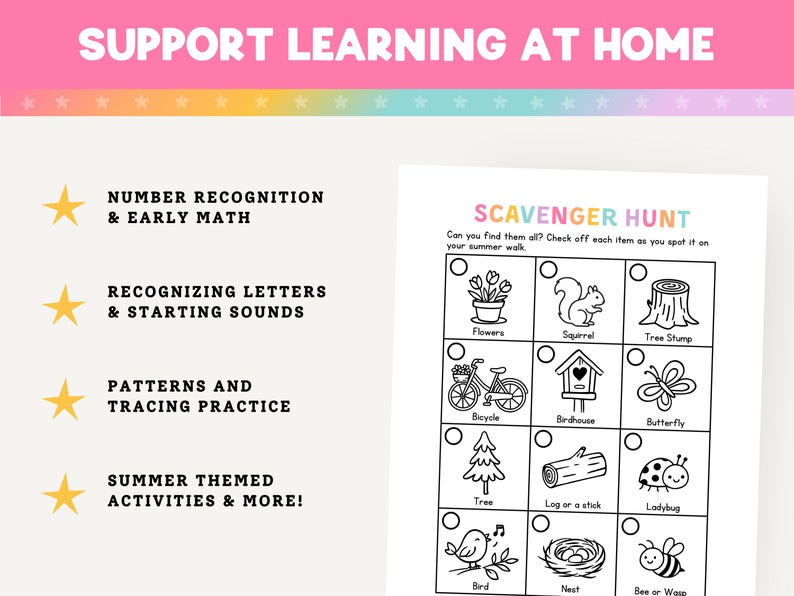 May include: A printable educational activity sheet with the title "Scavenger Hunt" and illustrations of flowers, a squirrel, a tree stump, a bicycle, a birdhouse, a butterfly, a tree, a log, a ladybug, a bird, a nest, and a bee.