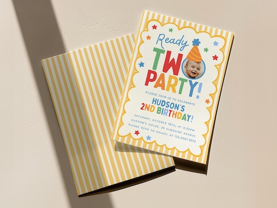 Editable Ready Two Party Birthday Invitation Template, Colorful 2nd Birthday Invite