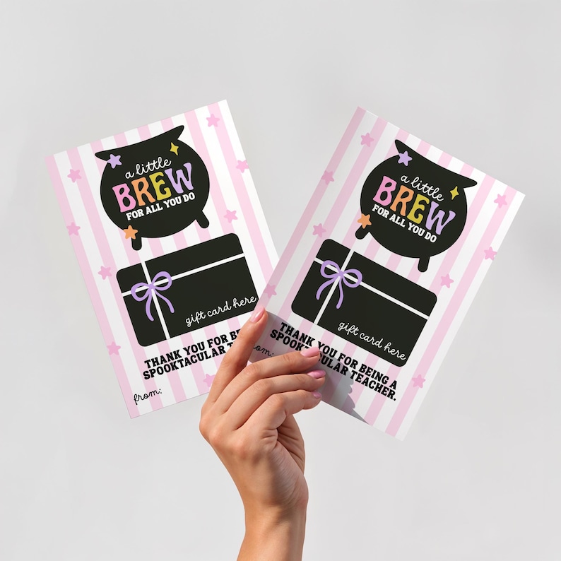 May include: Two Halloween-themed gift cards. Each card features a black cauldron with the words "a little BREW FOR ALL YOU DO". Below is a black gift card design with a purple bow. The text "gift card here" is also present.