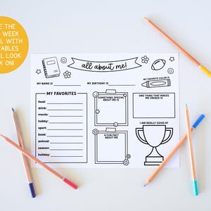 May include: A black and white printable worksheet titled "all about me!" with fill-in-the-blank sections for favorites, facts, and more. Includes decorative elements and is surrounded by several pencils with colored tips.