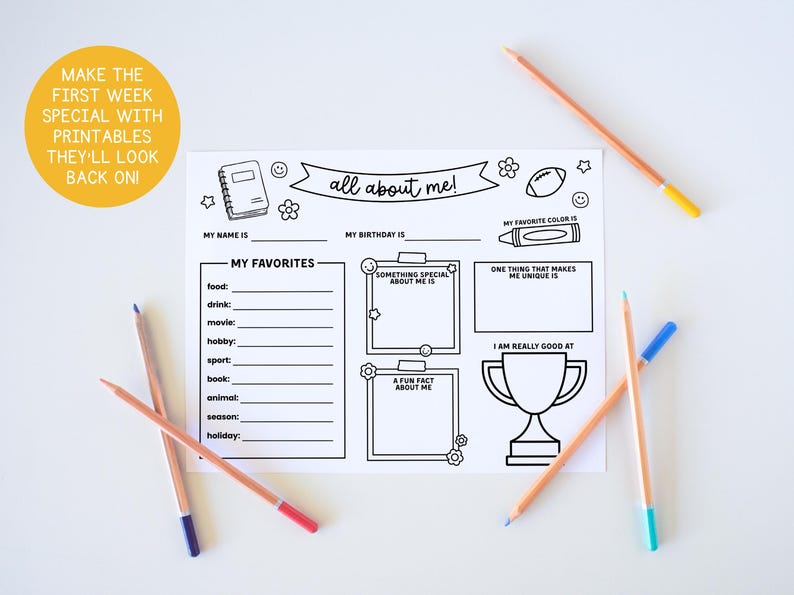 May include: A black and white printable worksheet titled "all about me!" with fill-in-the-blank sections for favorites, facts, and more. Includes decorative elements and is surrounded by several pencils with colored tips.