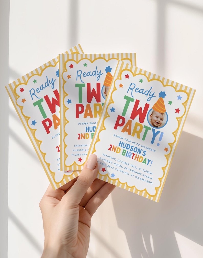 May include: Three rectangular birthday party invitations with yellow and white vertical stripes on the edges. The text reads Ready TWO PARTY! and includes details for Hudson's 2nd birthday, featuring a small circular photo of a child in a party hat.