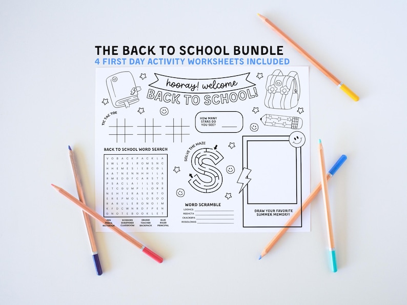 May include: A back-to-school activity bundle with four worksheets, featuring a word search, maze, and drawing prompts. The black and white design includes the text "THE BACK TO SCHOOL BUNDLE" and "BACK TO SCHOOL!" along with several pencils with colored tips.