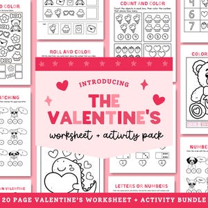 May include: A Valentine's Day-themed worksheet and activity pack. The cover features the text "Introducing The Valentine's Worksheet + Activity Pack" in pink and red. The pack includes counting, coloring, letter matching, and number matching activities.