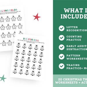 May include: Two Christmas-themed worksheets with black line drawings of ornaments and bells for coloring. The worksheets include the text "ROLL AND COLOR" and "B IS FOR BELL". A green background lists "WHAT IS INCLUDED" with letter recognition, counting practice, and more.