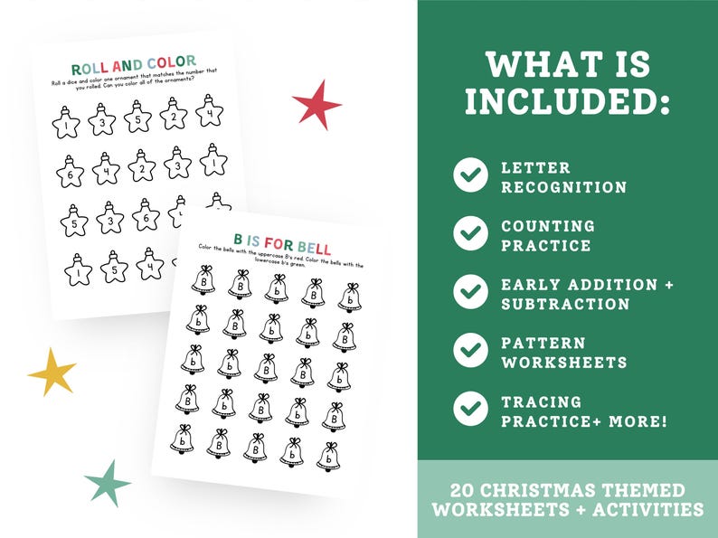 May include: Two Christmas-themed worksheets with black line drawings of ornaments and bells for coloring. The worksheets include the text "ROLL AND COLOR" and "B IS FOR BELL". A green background lists "WHAT IS INCLUDED" with letter recognition, counting practice, and more.