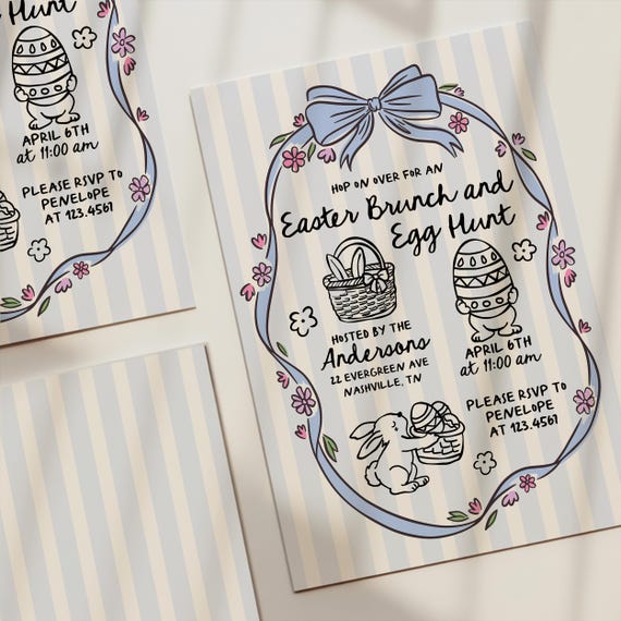 Hand Drawn Easter Brunch and Egg Hunt Invitation, Editable Easter Party Invite Template