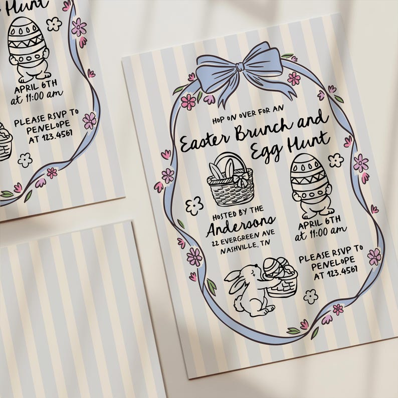 Hand Drawn Easter Brunch and Egg Hunt Invitation, Editable Easter Party Invite Template image 1