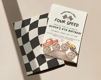 Invito per il 4° compleanno di Monster Truck: Need Four Speed, modello Canva modificabile (download digitale)