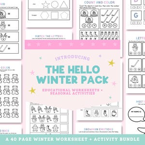Könnte beinhalten: Eine Sammlung von Arbeitsblättern und Aktivitäten zum Thema Winter. Das Hello Winter Pack enthält Seiten zum Zählen, Zuordnen von Buchstaben und Ausmalen. Die Arbeitsblätter zeigen Schneemänner, Rentiere und andere winterliche Elemente. Das Bundle umfasst 40 Seiten.