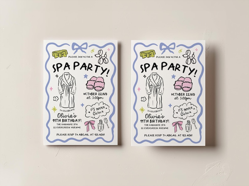 May include: Two spa party invitations with a light blue border. The invitations feature illustrations of a robe, slippers, and spa-related items. Text includes "Spa Party!" and details for Olivia's 11th birthday.
