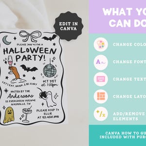May include: A Halloween party invitation template featuring black line art illustrations of a hand holding a glass, a disco ball, ghosts, a bat, and a bow. The text reads: Please join us for a Halloween party, Oct 31st at 7:00pm, hosted by the Andersons.