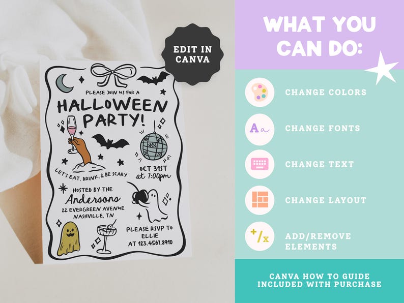 May include: A Halloween party invitation template featuring black line art illustrations of a hand holding a glass, a disco ball, ghosts, a bat, and a bow. The text reads: Please join us for a Halloween party, Oct 31st at 7:00pm, hosted by the Andersons.