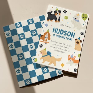 May include: Two party invitations with a dog theme. One has a blue and white chequered pattern with paw prints. The other features illustrations of dogs with party hats and the text "HUDSON IS TURNING FOUR!"