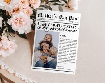 Editable Mother&#39;s Day Newspaper Gift: Personalized Printable Card (Editable Canva Template)