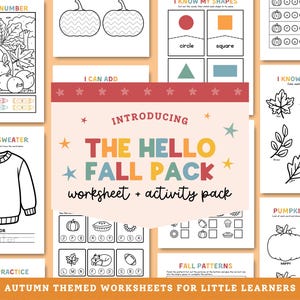 Peut inclure: Un ensemble de fiches pédagogiques intitulé The Hello Fall Pack, composé de dessins au trait en noir et blanc pour enfants. Les pages incluent des activités de coloriage, l'identification des formes, le traçage de lettres et des exercices de dessin.