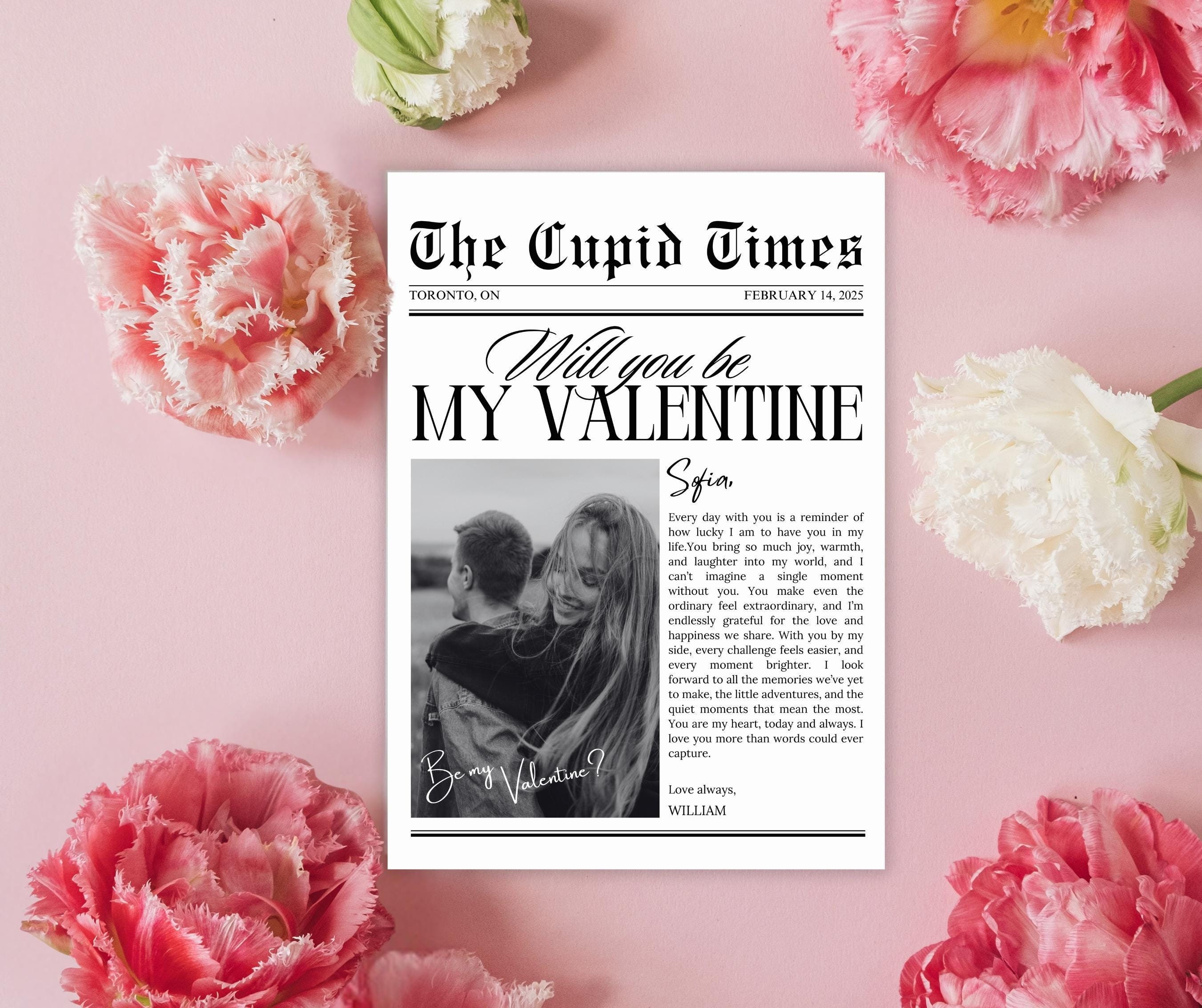 Valentines Day Newspaper Template, Valentines Day Gift, Will You Be My Valentine, Personalized Valentines Gift, Valentines Day Card, Cupid