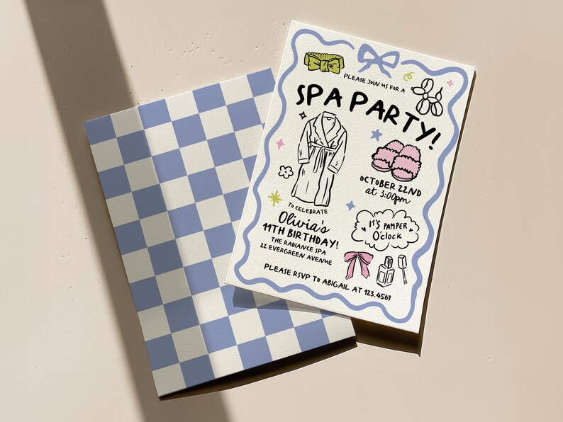 May include: Spa party invitation with a light blue and white checkered pattern on the back. The invitation features illustrations of a robe, slippers, and bows. Text includes "SPA PARTY!" and "Olivia's 11th Birthday!"