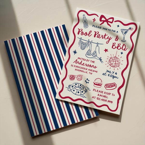 4th of July BBQ & Pool Party Invitation Template, Editable Memorial Day Party Invite