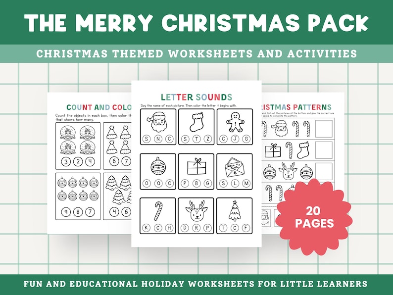 May include: A set of Christmas-themed worksheets and activities for little learners. The worksheets include counting, letter sounds, and pattern recognition exercises. The pack includes 20 pages of fun and educational holiday activities.