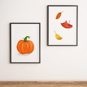 Set of 2 Pumpkin and Autumn Leaves; Printable Art