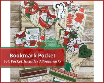 Christmas Bookmarks Ephemea and Pocket, 5 Pieces, Handmade Sewn LIMITED QUANTIES