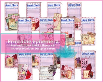 Junk Journal Ephemera Romantic Altered Guest Checks Digital Download - Valentine Ephemera, 40 Images, 9 Sheets