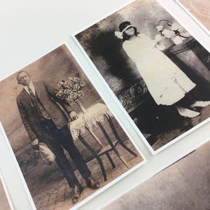 May include: Two vintage black and white photographs. The first photo shows a person wearing a suit and holding a hat. The second photo shows a person wearing a white dress and a hat.