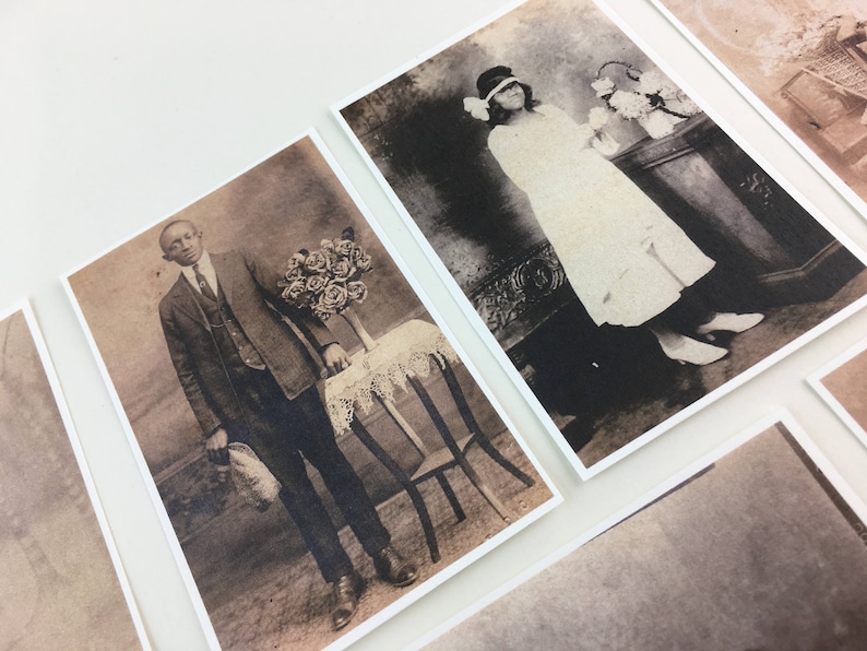 May include: Two vintage black and white photographs. The first photo shows a person wearing a suit and holding a hat. The second photo shows a person wearing a white dress and a hat.