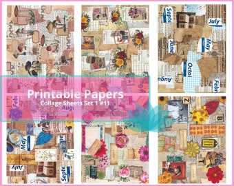 Junk Journal Ephemera Collage Backgrounds Digital Download, 10 Full Sheets