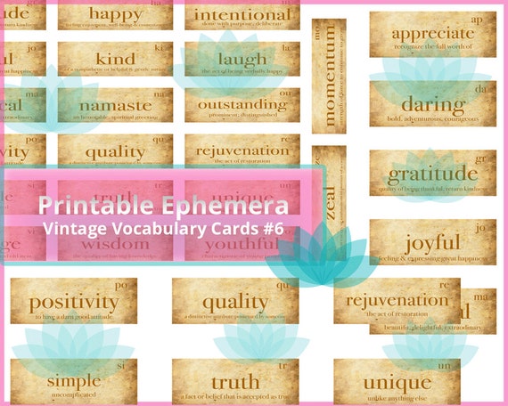 Junk Journal Ephemera Vintage Vocabulary Cards Printable Ephemera, 52 Images on 3 Sheets