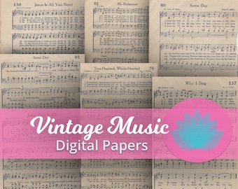 Vintage Music Shet Digital Papers, Hymnal Music Sheets, 6 Sheets