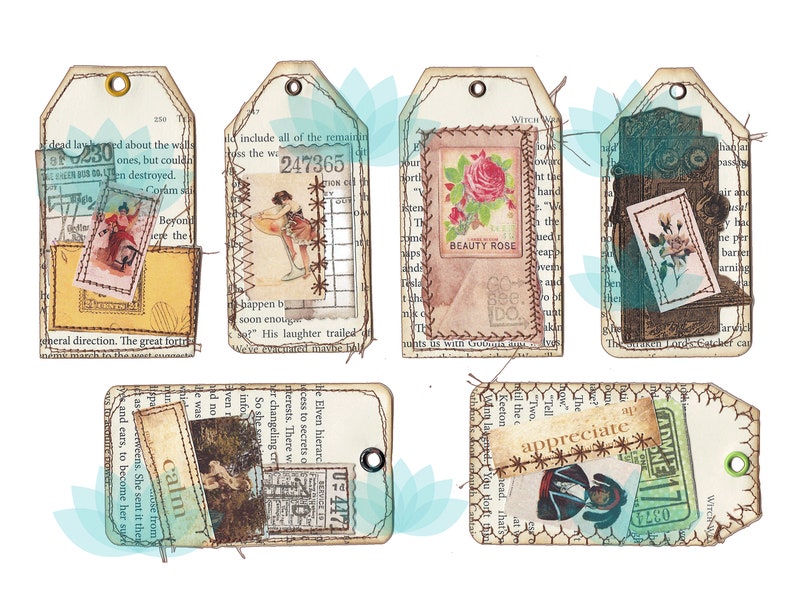 Junk Journal Ephemera Vintage Book Page Tags Digital Download 38 Images, 5 Sheets image 2