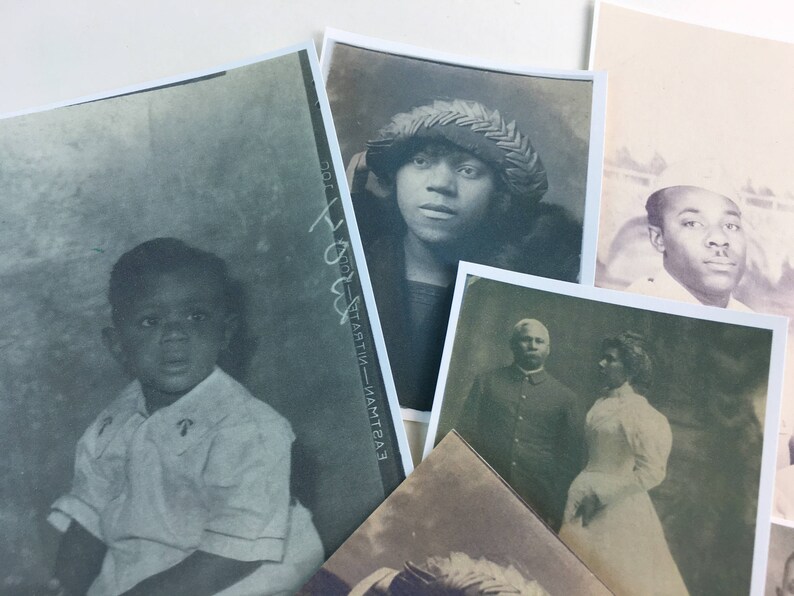 May include: A collection of vintage black and white photographs featuring portraits of people. The photos are in various sizes and are arranged in a collage-like fashion.