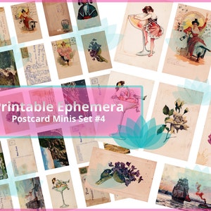Junk Journal Ephemera Vintage Postcard Minis Digital Download 28 Images, 2 Sheets
